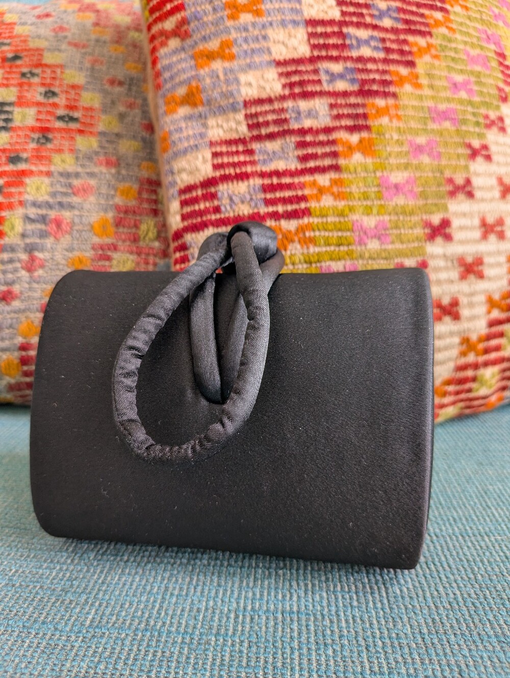 Enzo Angiolini Black Satin Evening Bag Structured Knot Handle Clutch Purse NWT
